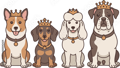 Four royal dogs wearing crowns and collars sitting together