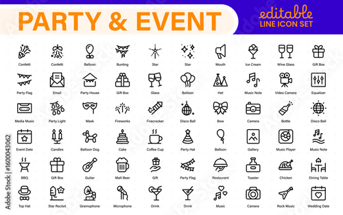 Party and Event Icons - Elegant Thin Line Collection. Outline Celebration Symbols for Birthdays, Anniversaries, and Festive Gatherings.