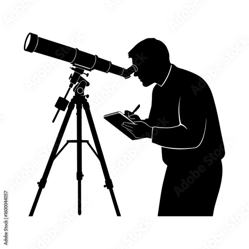 Man Observing with Telescope and Taking Notes – Astronomy Vector Art