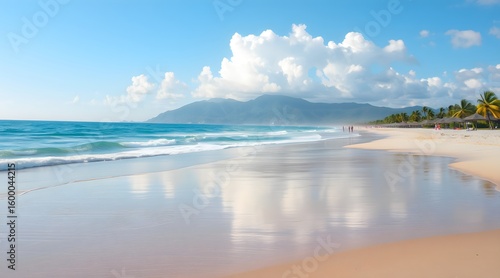 tropical beach with blue sky and clouds