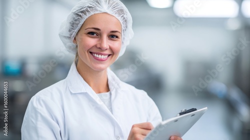 Professional female scientist or food technologist working in a clean laboratory environment with tablet device.