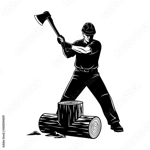 Lumberjack Chopping Wood with Axe – Woodcutter Vector Illustration