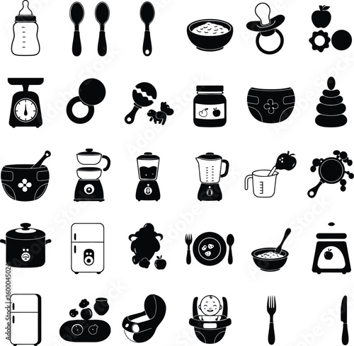 Extensive Baby Feeding, Kitchen, and Care Essentials Silhouettes Set: Bottles, Utensils, Appliances, and Products for Infant and Toddler Needs.