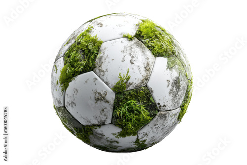 Soccer ball with moss abandoned field photo outdoor close-up. Isolated on transparent background, png.