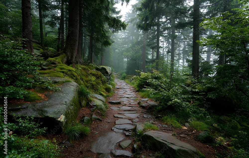 Obraz premium Misty Forest Path with Mossy Rocks and Lush Greenery