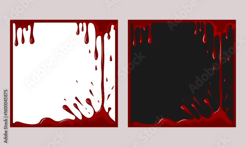  Vector Vintage Set of Halloween square Frames with bloody edges and drips on white and dark background. Suitable for social networks or design of sales, promos, invitations and other announcements.