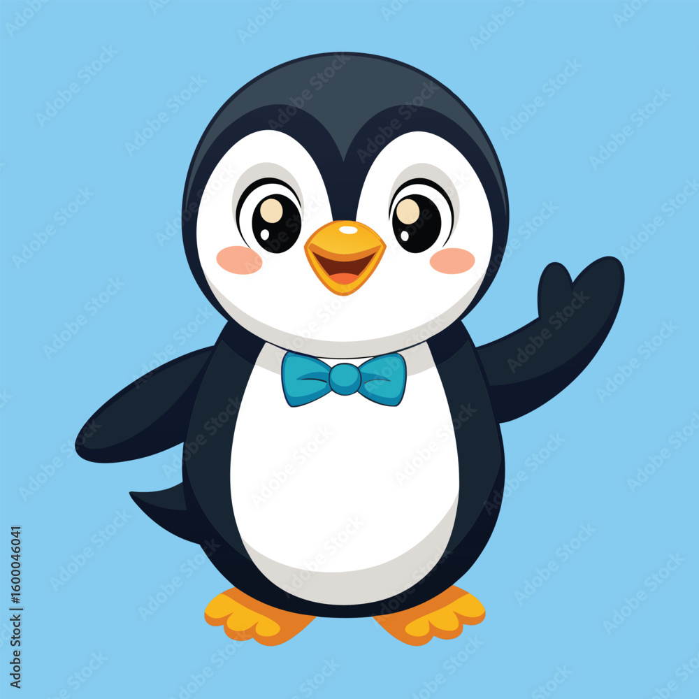 Obraz premium Cute baby cartoon penguin character on snow and ice, a funny winter illustration perfect for Christmas art design