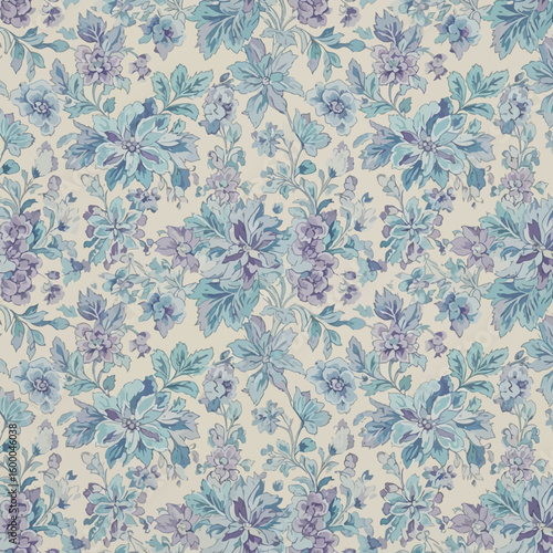 A repeating floral pattern featuring stylized blue and purple blossoms with green foliage, set against a cream background.