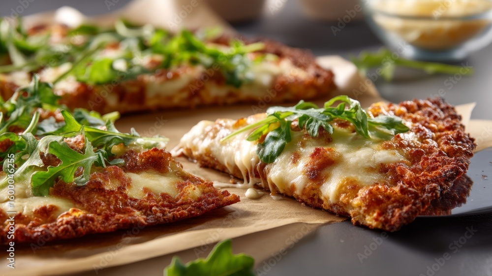 Delicious Gluten-Free Cauliflower Crust Pizza with Melted Cheese and Fresh Arugula in Warm Studio Light - Low-Angle Shot with Selective Focus Delicious Gluten-Free Cauliflower Crust Pizza with Melted Cheese and Fresh Arugula in Warm Studio Light - Low-Angle Shot with Selective Focus