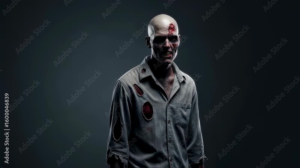A male zombie with gruesome facial wounds and torn clothing transforms in a dynamic halloween monster horror creature footage. A male zombie with gruesome facial wounds and torn clothing transforms in a dynamic halloween monster horror creature footage.