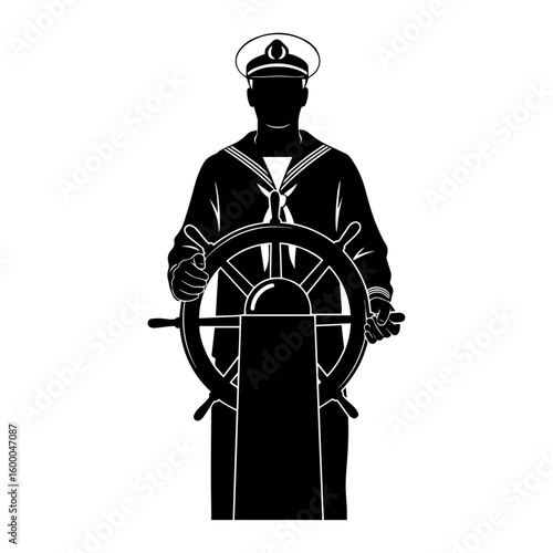 Ship Captain Silhouette at Helm – Nautical Steering Wheel Marine Vector Illustration