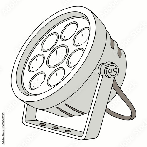 Gray stage lighting fixture with seven lenses on white background