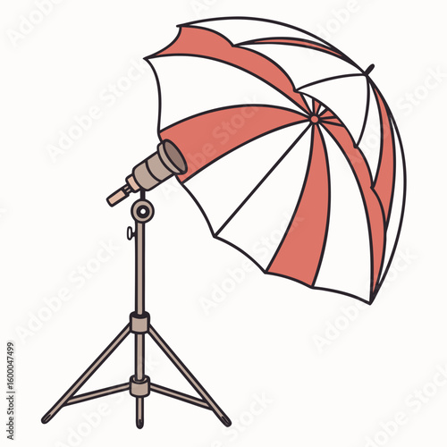 Red and white photography umbrella on stand studio