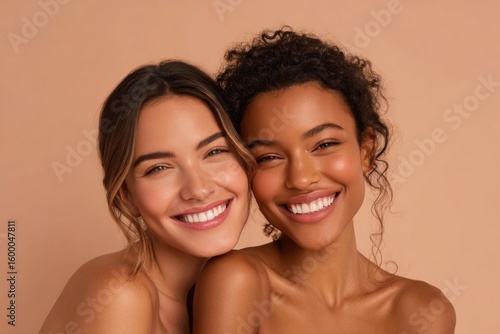 Two smiling diverse women with curly and straight hair close up portrait cheerful happiness.