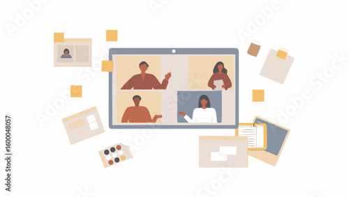 Illustration of a video conference on a tablet with four people and scattered documents and sticky notes around it