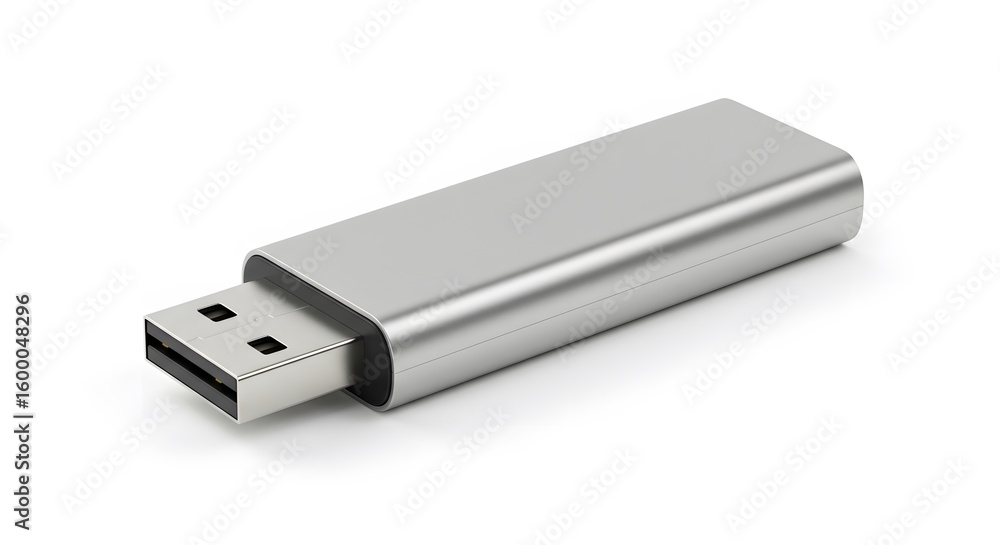 A silver USB flash drive is positioned at a slight angle on a white surface A silver USB flash drive is positioned at a slight angle on a white surface