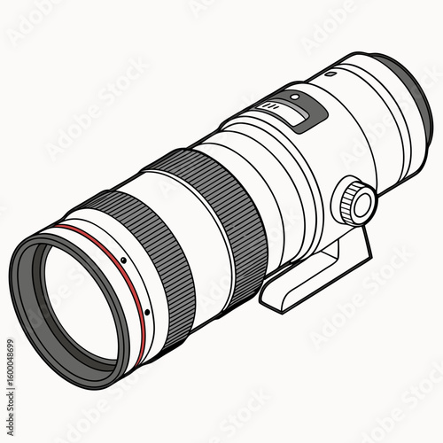 White telephoto camera lens with red ring and tripod mount
