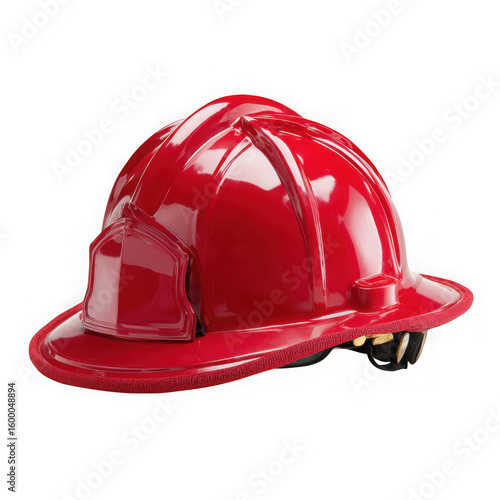 Shiny red firefighter helmet with protective brim isolated on transparent background
