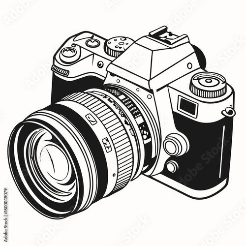 Black and white illustration of a D S L R camera with a large lens