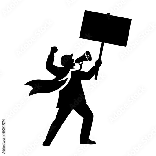 Protester with Megaphone and Signboard – Activism and Demonstration Concept