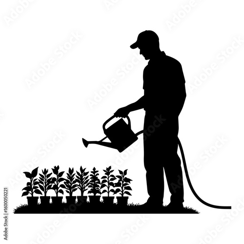 Gardener Watering Plants Silhouette – Farming and Agriculture Care Vector Illustration