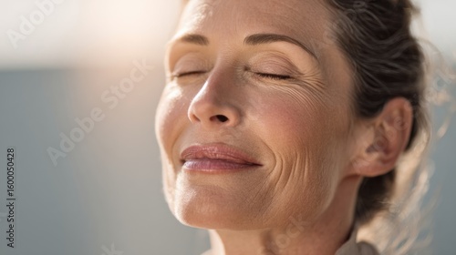 Close-up of a serene mature woman's face with closed eyes and gentle smile outdoors.