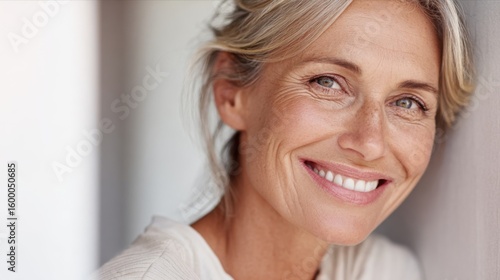 Bright smiling mature woman with blonde hair and clear skin in natural light.