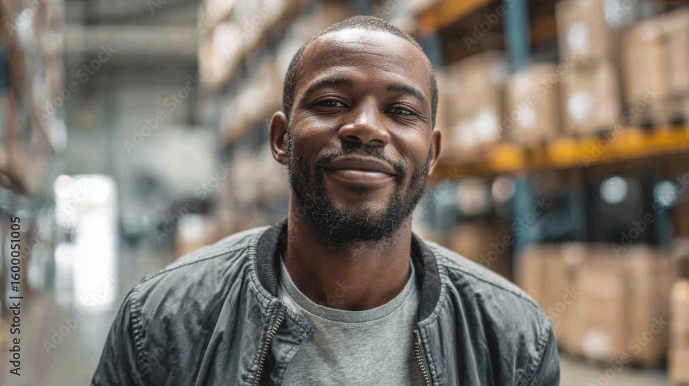 Obraz premium Smiling African American Warehouse Worker Standing in Storage Facility with Boxes.