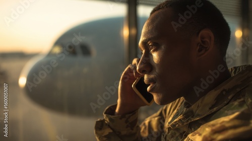 Military personnel talking on phone at airport terminal window with airplane in background.