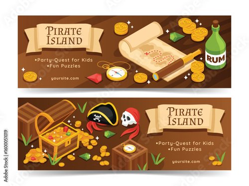 Isometric Pirate Island Horizontal Banner Collection