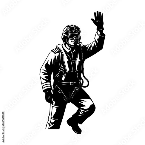 Retro Pilot Silhouette – Military Aviator Vector in Flight Gear Waving