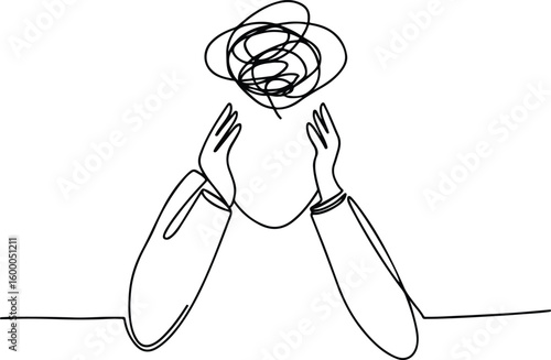 Continuous one line drawing of person with confused messy feelings worried about bad mental health. Work burnout and anxiety concept in simple linear style. Editable stroke. Vector illustration