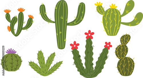 Cactuses. Desert plant, Mexican cacti flower, aloe, succulent. Cartoon decorative gardening cactus, home plants, summer Mexico nature plants. Exotic botanical spiny elements. Vector illustration