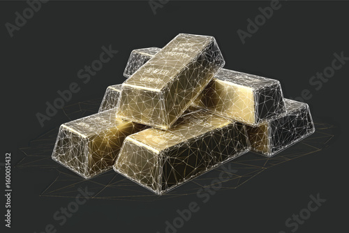 Low-poly wireframe illustration of gold bars on a dark background