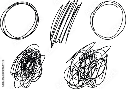 Chaotically tangled lines set. Unravels chaos and mess difficult situation. Psychotherapy concept of solving problems is easy. One continuous line drawing. Hand drawn vector illustrations isolated