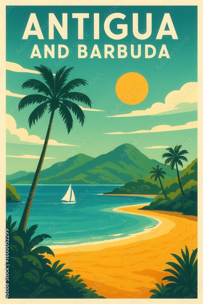 Fototapeta premium Colorful travel artwork showing a sunset in Antigua and Barbuda with calm beach, tall palm trees, orange sky, and peaceful ocean surrounded by lush island hills