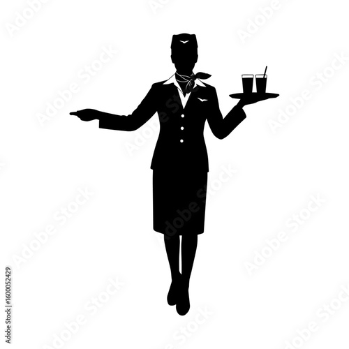 Flight Attendant Holding Tray and Pointing - Airline Stewardess Vector Illustration