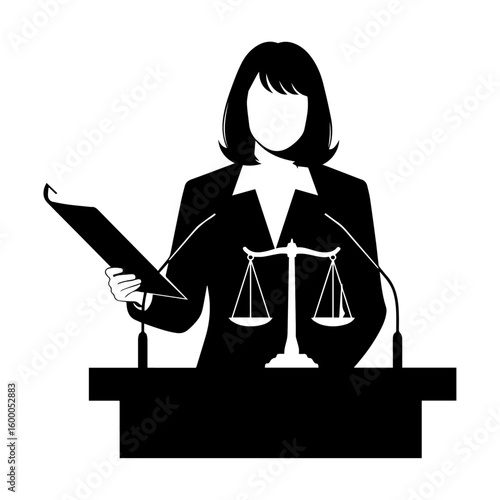 Female Lawyer Silhouette at Podium with Justice Scales and Microphones