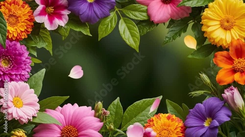 Colorful flowers frame a dark green background with scattered petals creating a vibrant natural border