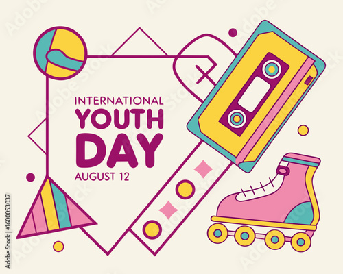 retro 80s vector style with neon colors and nostalgic icons celebrating international youth day on august 12, ideal for creative campaigns.