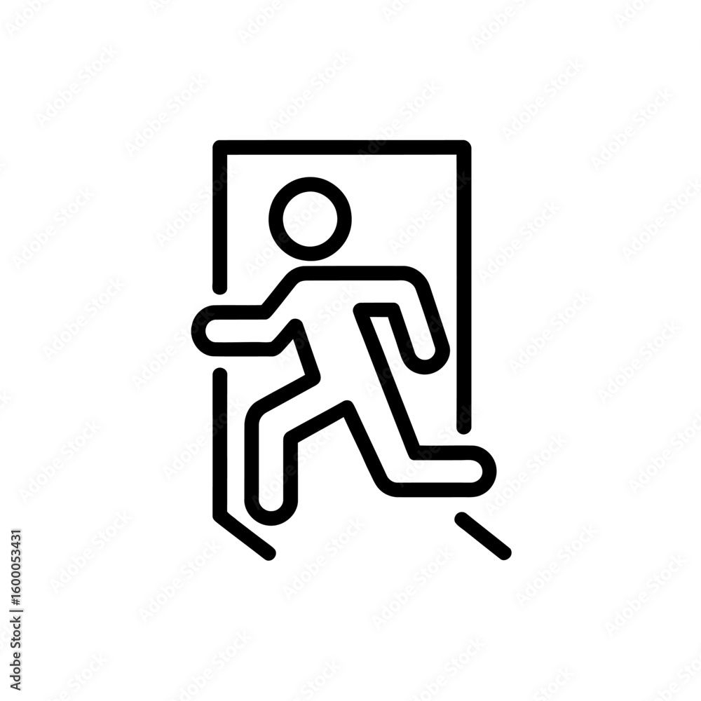 Stylized black line art icon of a person running through an open doorway Stylized black line art icon of a person running through an open doorway