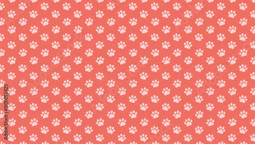 Seamless light pink paw print pattern on coral background. Cute dog and cat footprints, perfect for pet-themed fabric, kids’ products, nursery decor, wrapping paper, and digital craft designs