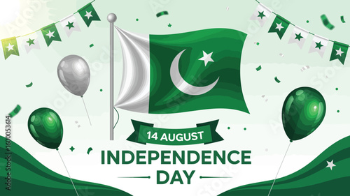  Pakistan Independence Day graphic with flag, green-white balloons, confetti, and ribbon text marking August 14 with patriotic pride