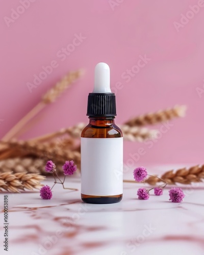 Elegant white cosmetic bottle on marble with pastel pink background and dried floral accents