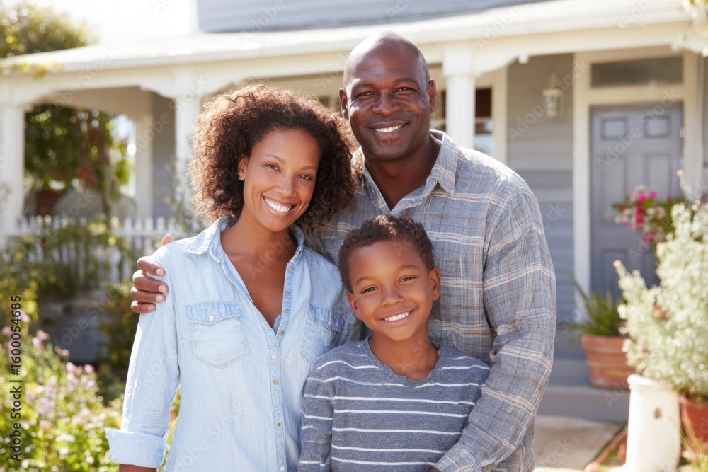 Naklejka premium Happy African American Family Outdoor Portrait Smiling Together in Front of House.