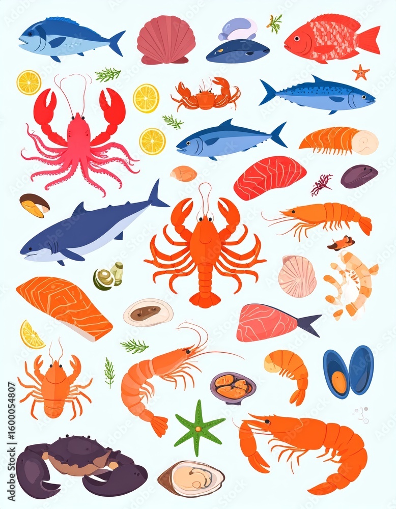 Obraz premium vector illustration of fresh sea food set collection