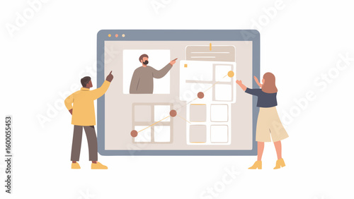 Two people interacting with a digital project board with video conference and task management elements