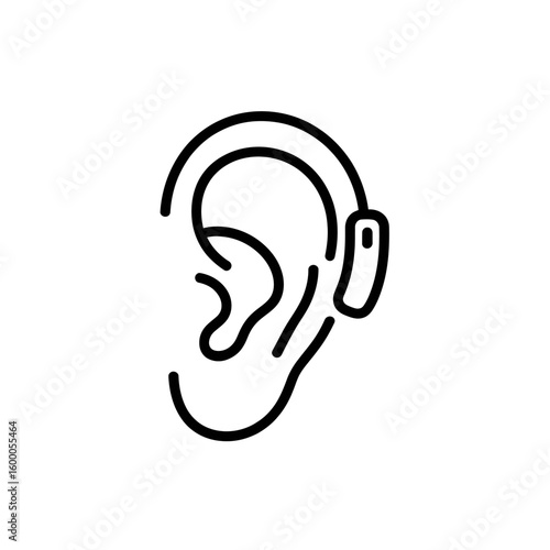 Simple black line art icon of a human ear with a hearing aid device