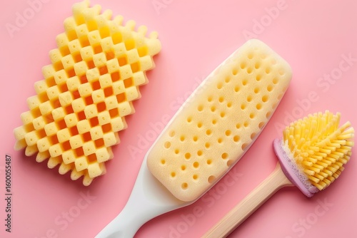 Minimalist flat lay of cleaning supplies  yellow sponge, brush, and soap on soft peach background