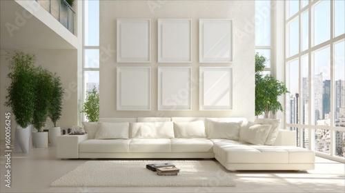 Modern, bright, spacious living room with city view